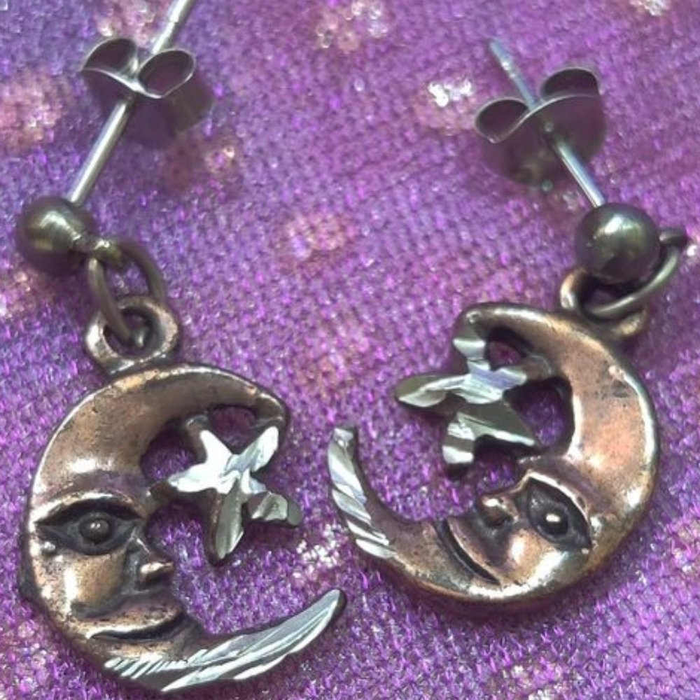 COPPER/SILVER TONE POST MOON/STARS EARRINGS